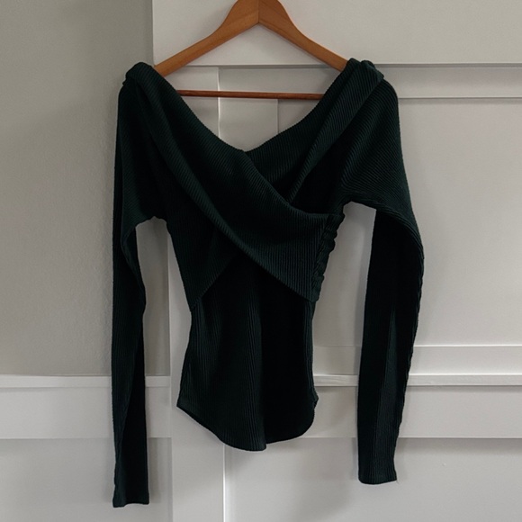 Free People Tops - Free People Dark Green Off-Shoulder Ribbed Top